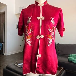 Unique Vintage Red Embroidered Mandarin Collar Top